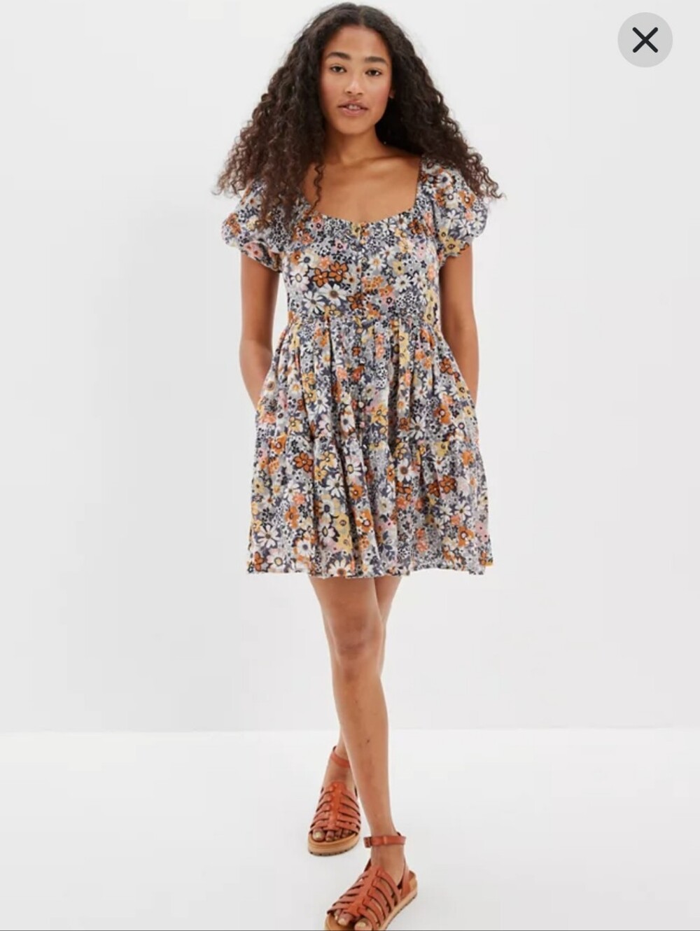 Women American Eagle Floral Puff Sleeve Tie Back Blue Floral Cotton Mini Dress